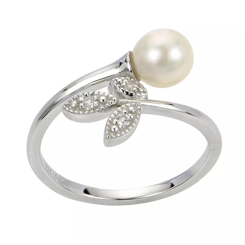 PearLustre by Imperial Sterling Silver Freshwater Cultured Pearl & Lab-Created White Sapphire Vintage Leaf Ring, Womens Product Image