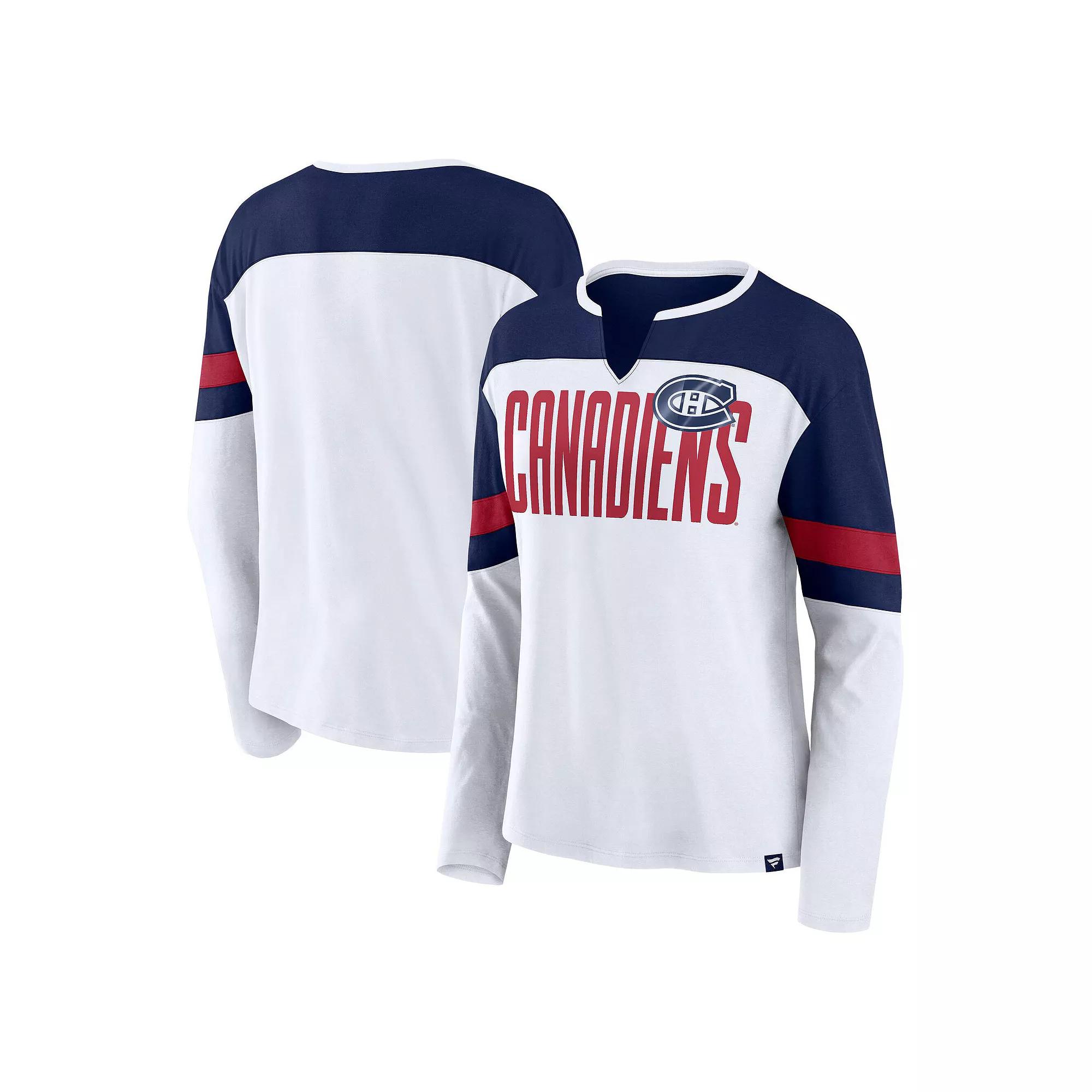 Women's Fanatics White/Navy Montreal Canadiens Frozen Long Sleeve Notch Neck T-Shirt,  Product Image