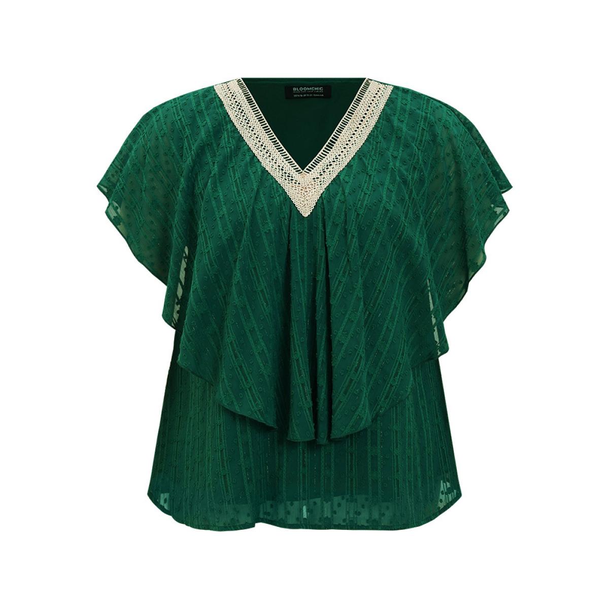 Plus Size DarkGreen Solid Textured Flutter Trim Contrast Lace Blouse Women Elegant Short sleeve V-neck Dailywear Blouses BloomChic 22-24/3X Product Image