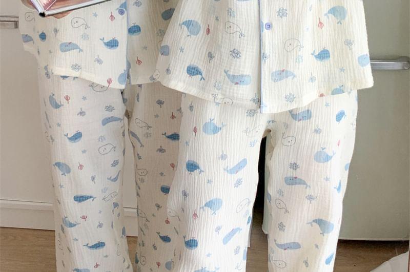 Couple Matching Pajama Set: Long-Sleeve Whale Print Top + Pants Product Image