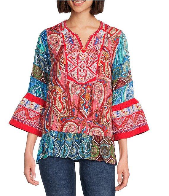 Calessa Petite Size Embroidered Patchwork Print Split V-Neck 3/4 Sleeve Tunic Product Image