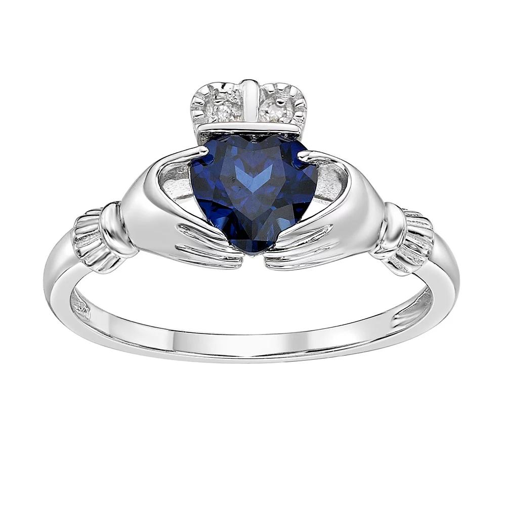 Gemminded Sterling Silver Lab-Created Sapphire & Diamond Accent Claddagh Ring, Women's, Size: 9 Product Image