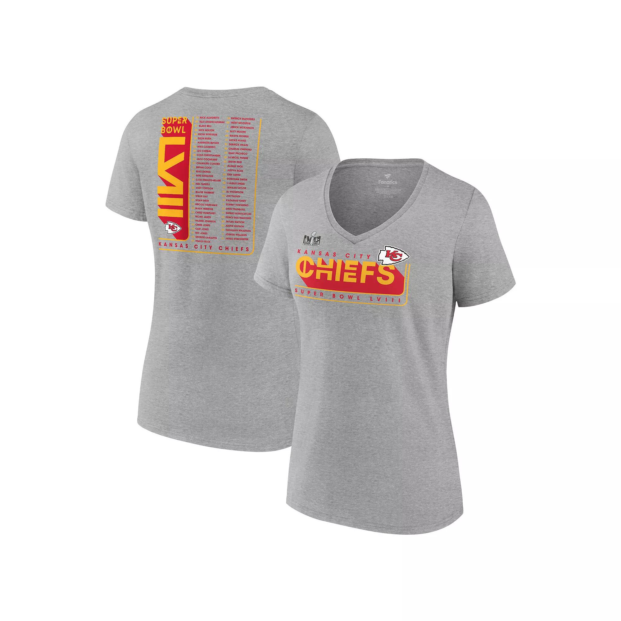 Women's Fanatics Branded  Heather Gray Kansas City Chiefs Super Bowl LVIII Roster V-Neck T-Shirt, Size: Small, Grey Product Image