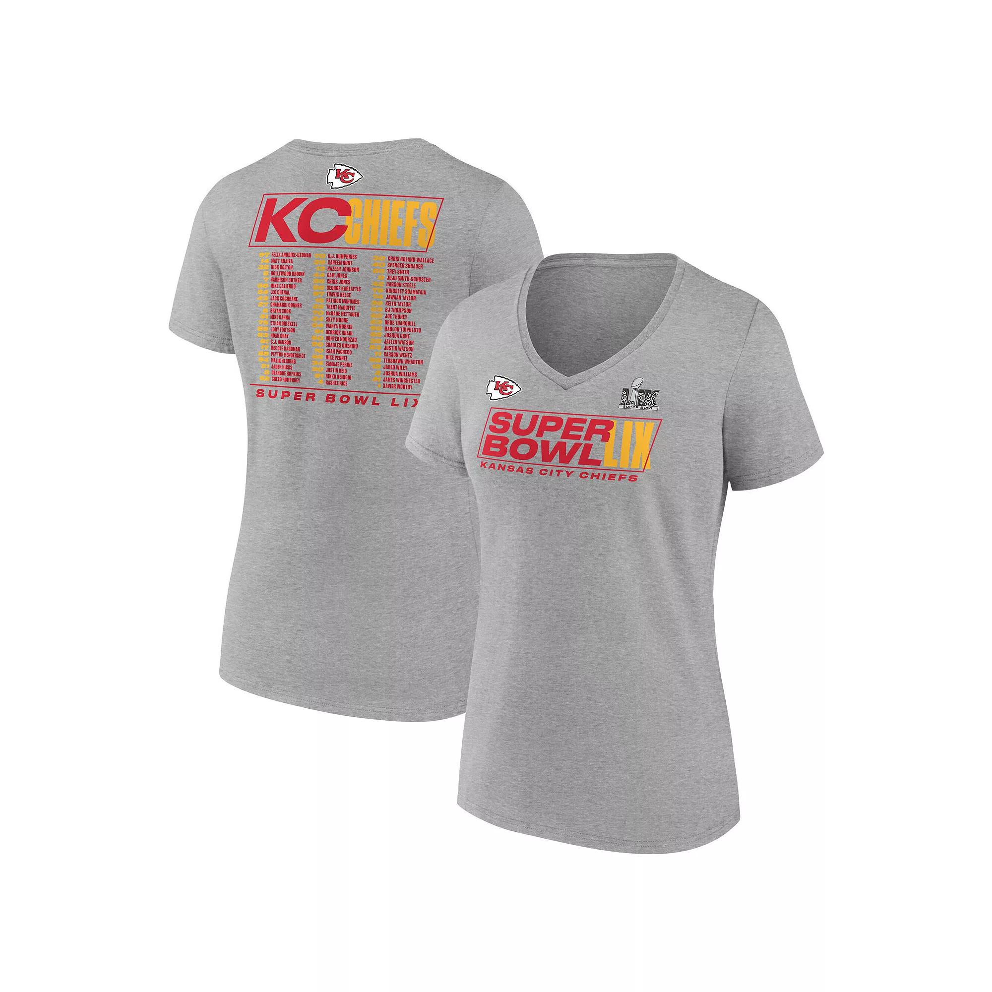 Women's Fanatics Heather Gray Kansas City Chiefs Super Bowl LIX Roster V-Neck T-Shirt, Size: XL, Grey Product Image