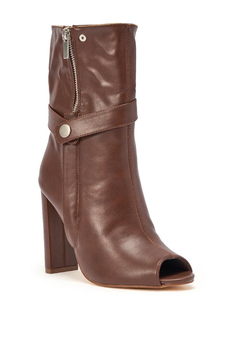 YANIX BROWN PU SILVER HARDWARE CHUNKY HEEL BOOTIE Product Image