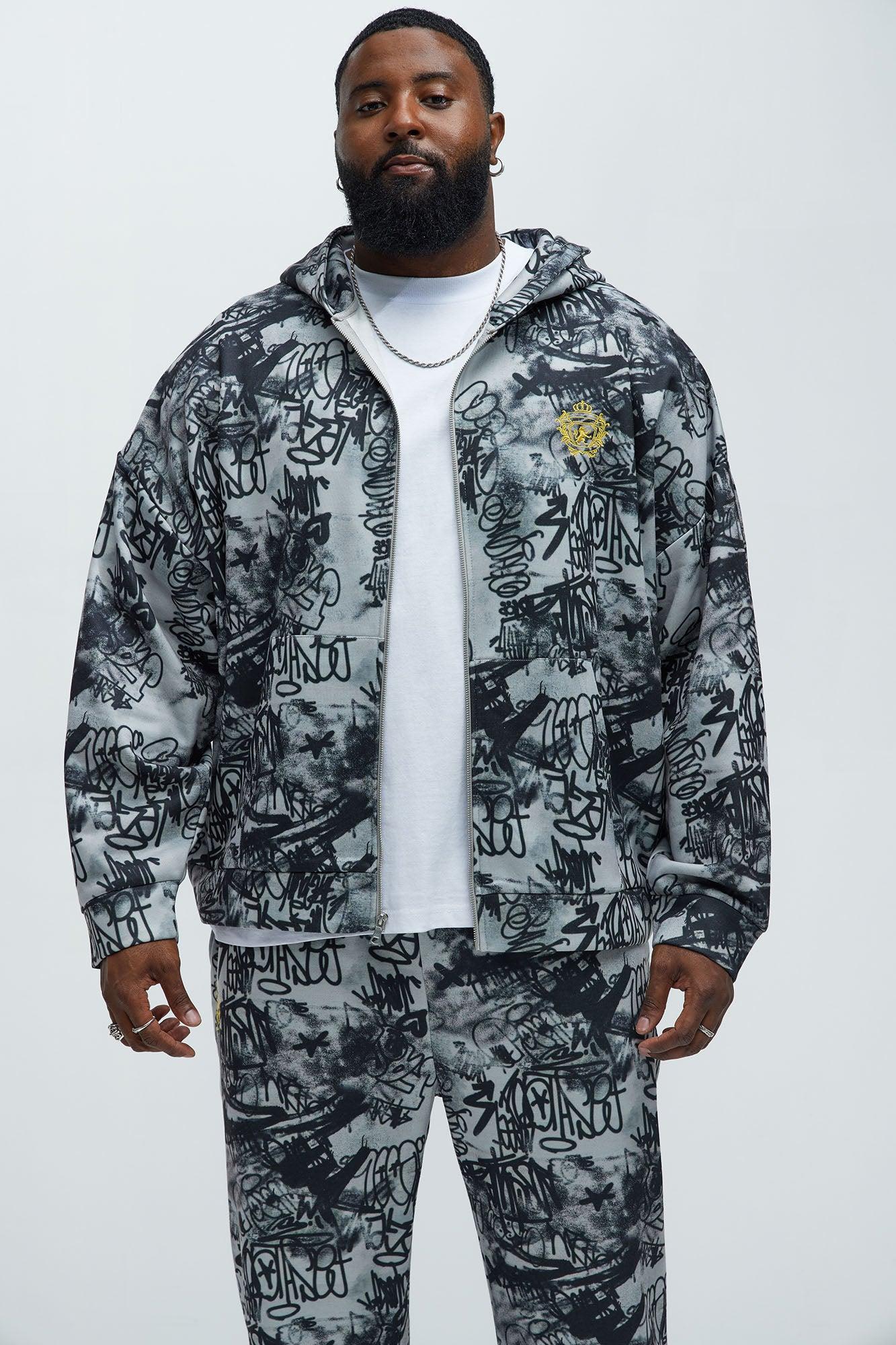 Vandal Oversized Graffiti Zip Up Hoodie - Grey Product Image