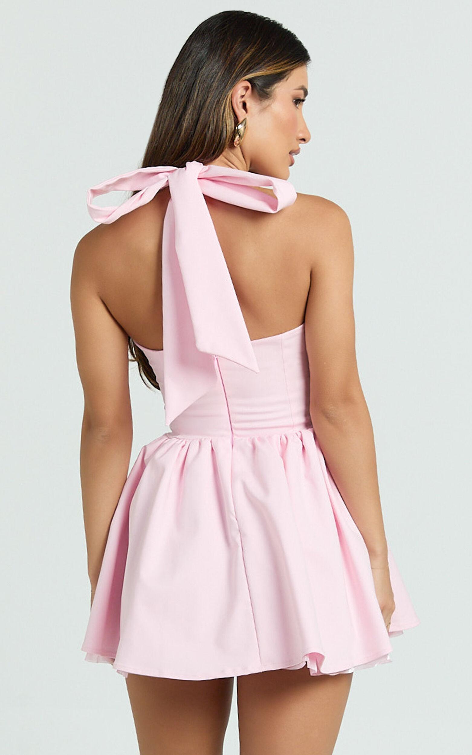 Helda Mini Dress - Halter Tie Neck Corset Panel Dress in Pink Product Image
