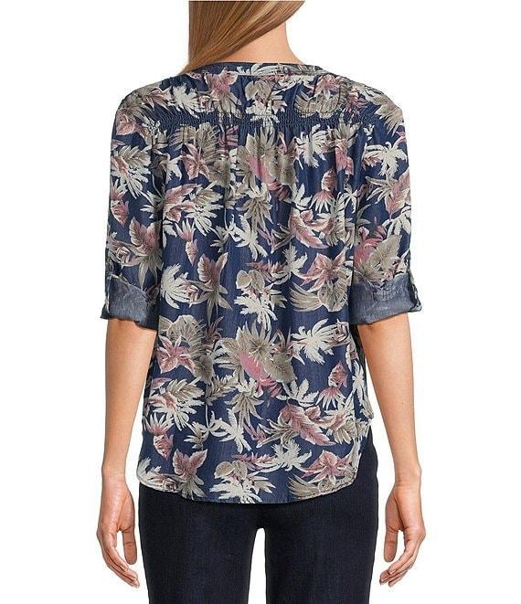 Intro Petite Size Lyocell Slub Dark Wash Pal Print Y-Neck Long Roll-Tab Sleeve Shirttail Hem Blouse Product Image
