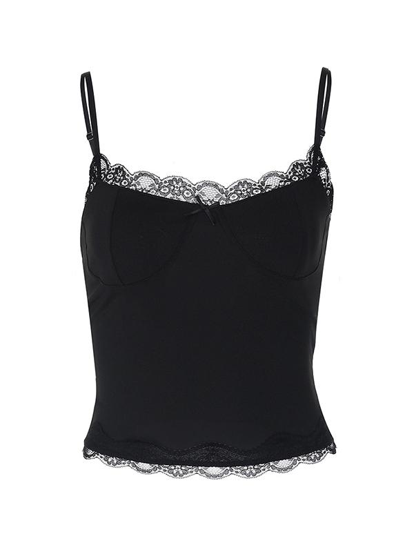 Lace Paneling Black Slim Fit Cami Top Product Image