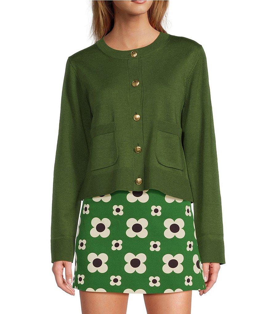 Tara Jarmon Gyslain Knit Crew Neck Long Sleeve Patch Pocket Button Front Cardigan Product Image