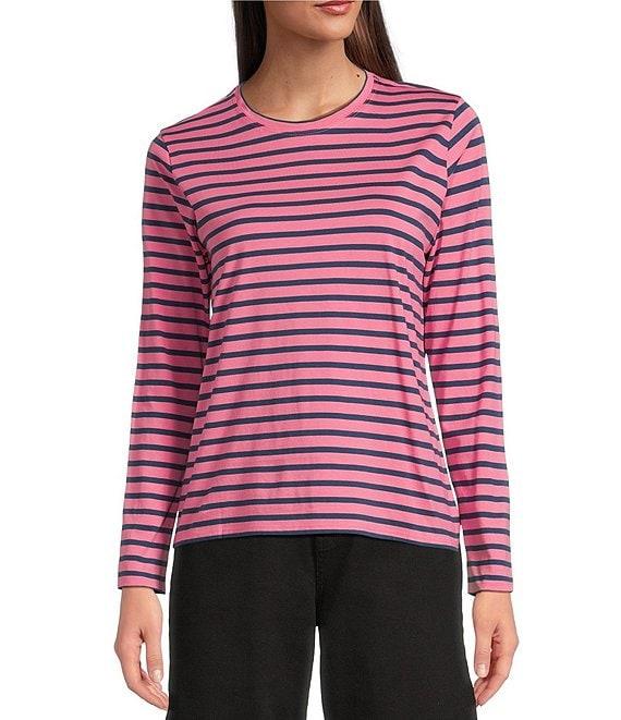 FRANCES VALENTINE Pima Cotton Crew Neck Long Sleeve Stripe Print Tee Shirt Product Image