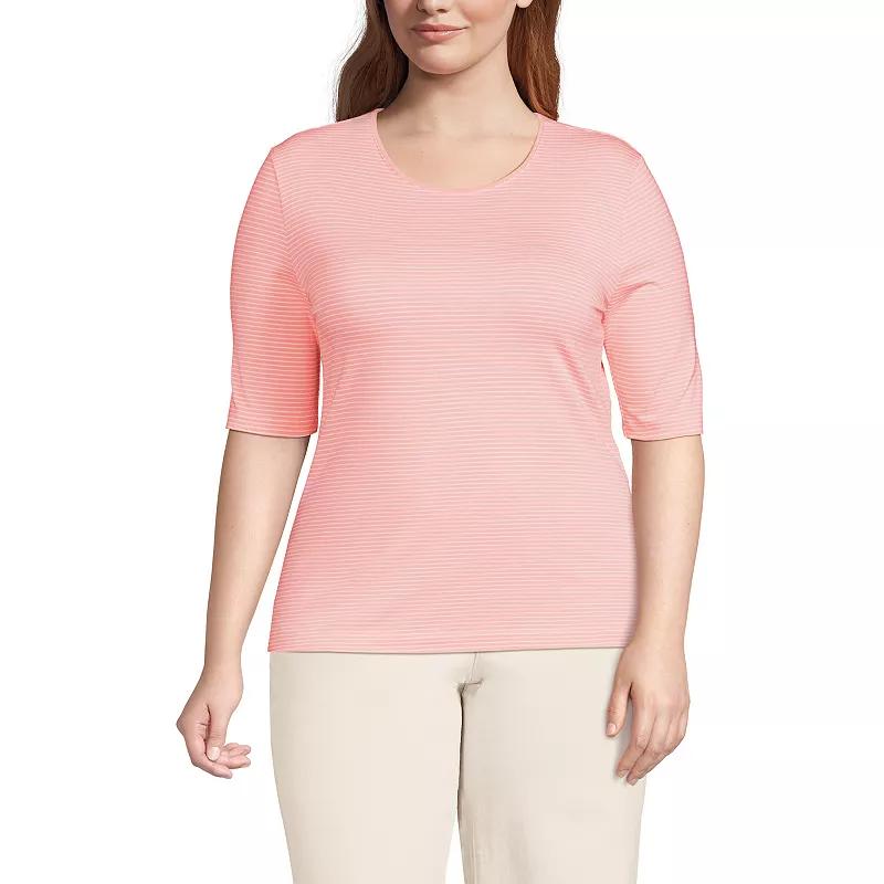 Plus Size Lands' End Elbow Sleeve Jersey Crewneck Top, Women's, Size: 1XL, White Green Stripe Product Image