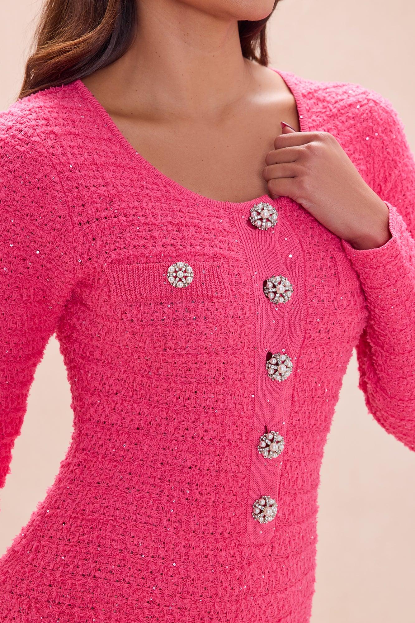 As If Embellished Tweed Romper - Hot Pink Female Product Image