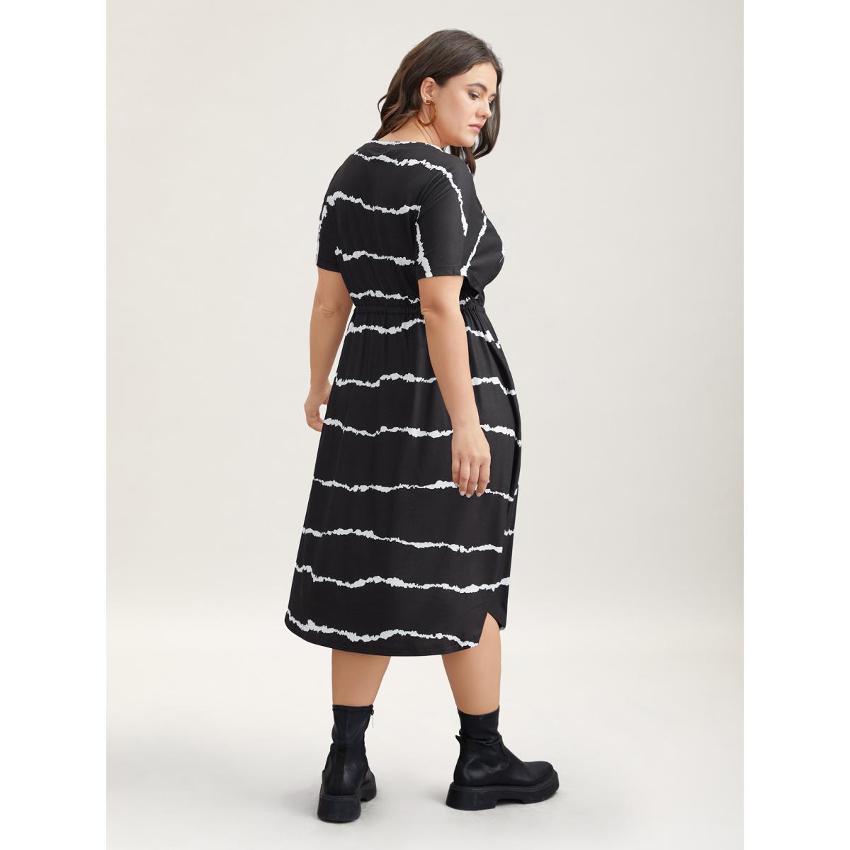 Plus Size Striped Waist-Tie Dolman Sleeve Midi Dress Black Women Casual Drawstring Knit Dresses Bloomchic 30/6X Product Image