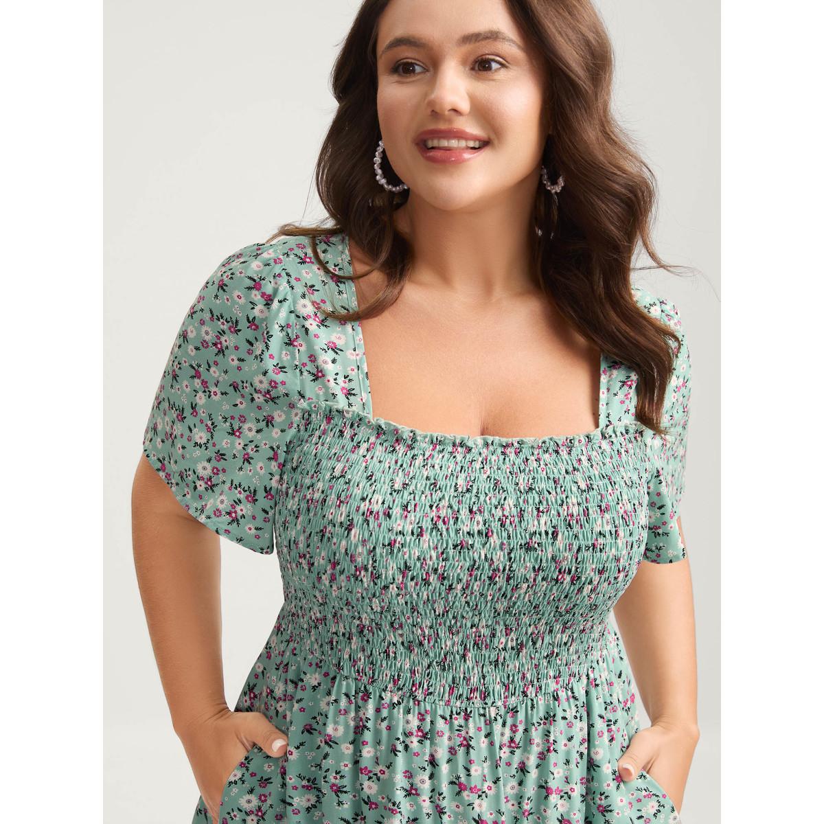 Plus Size Rayon Ditsy Floral Print Shirred Midi Dress Mint Women Square Neck Short sleeve Curvy BloomChic 22-24/3X Product Image