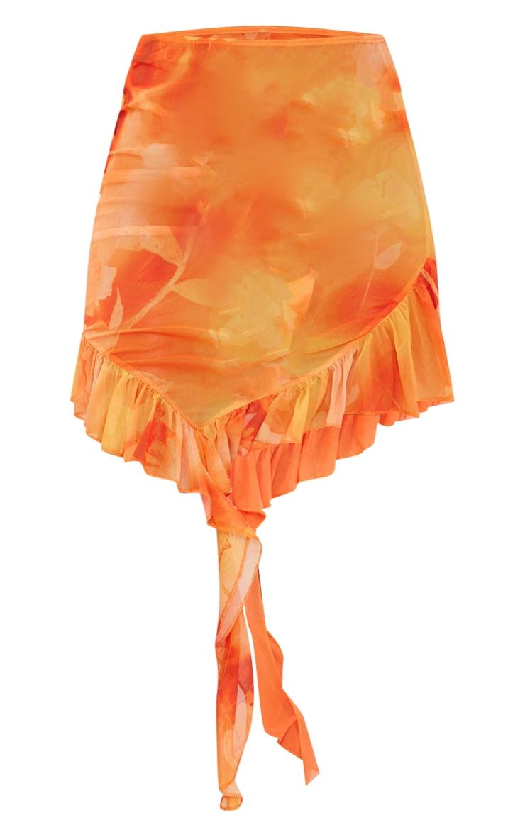 Orange Ombre Flower Print Frill Mesh Beach Skirt Product Image