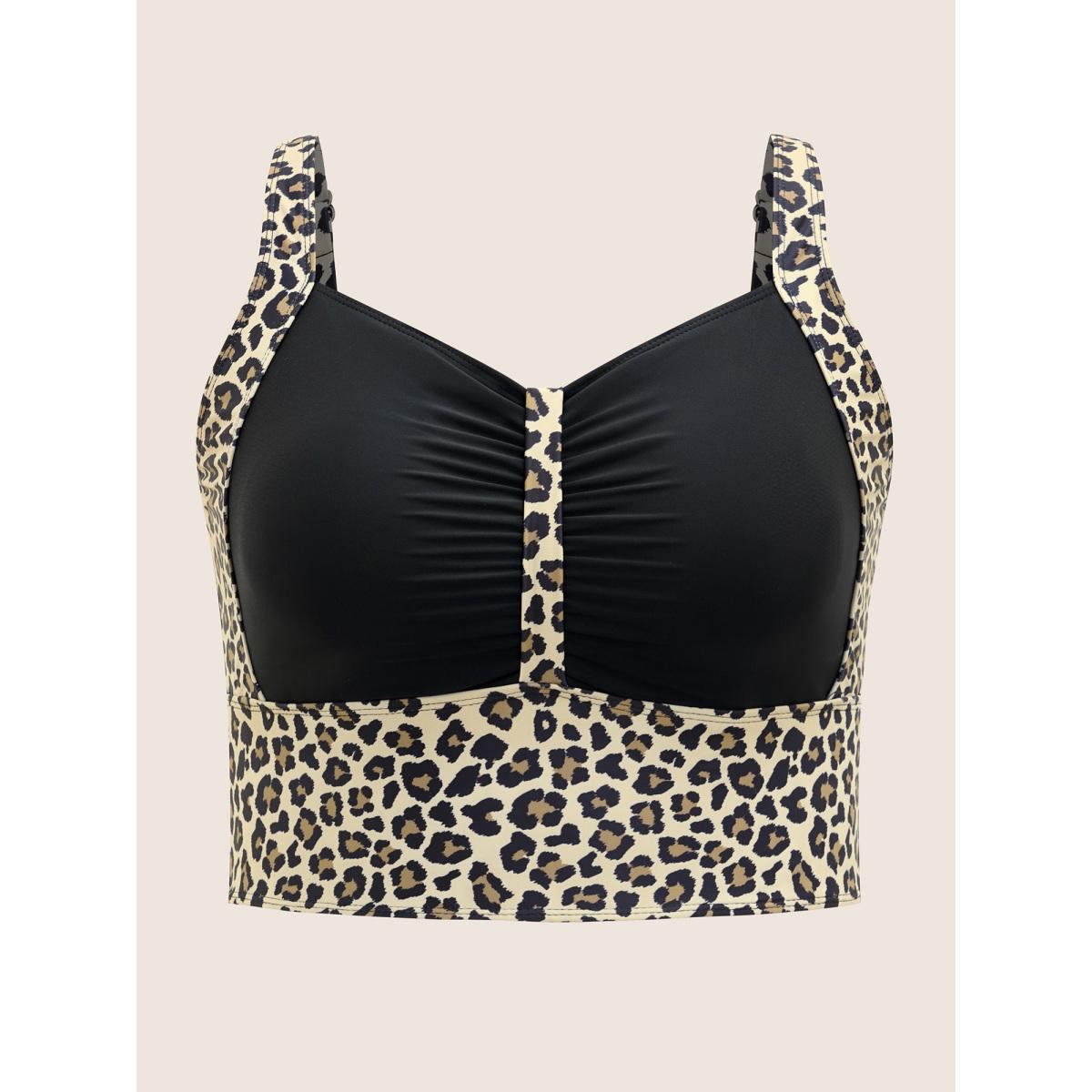 Plus Size Heart Neckline Leopard Print Patchwork Ruched Swim Top Women's Swimwear Black Beach Tucked seam High stretch Skinny Heart neckline Curve Swim Tops BloomChic 18-20/2X Product Image