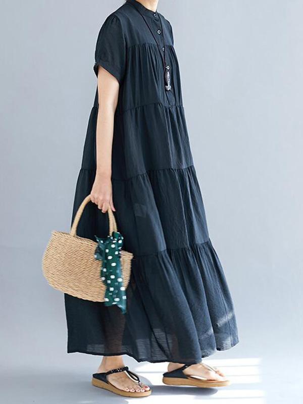 Vintage Loose Split-Joint Pleated Short Sleeves Round-Neck Midi Dress Product Image