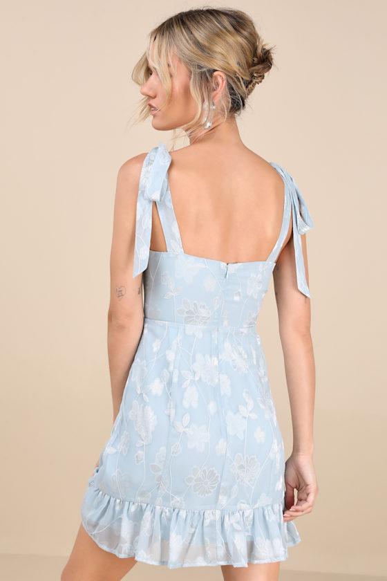 No One Prettier Blue Floral Embroidered Tie-Strap Mini Dress Product Image