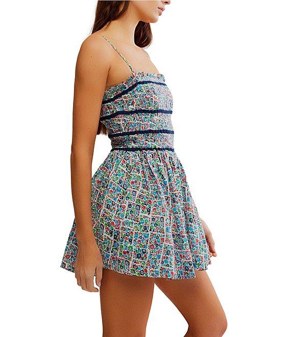 Free People Bali Checked Out Printed Smocked Square Neck Sleeveless Romper Product Image