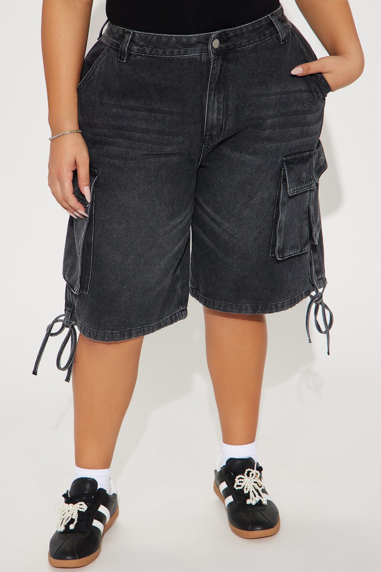 Elsy Non Stretch Cargo Denim Jorts - Black Wash Product Image