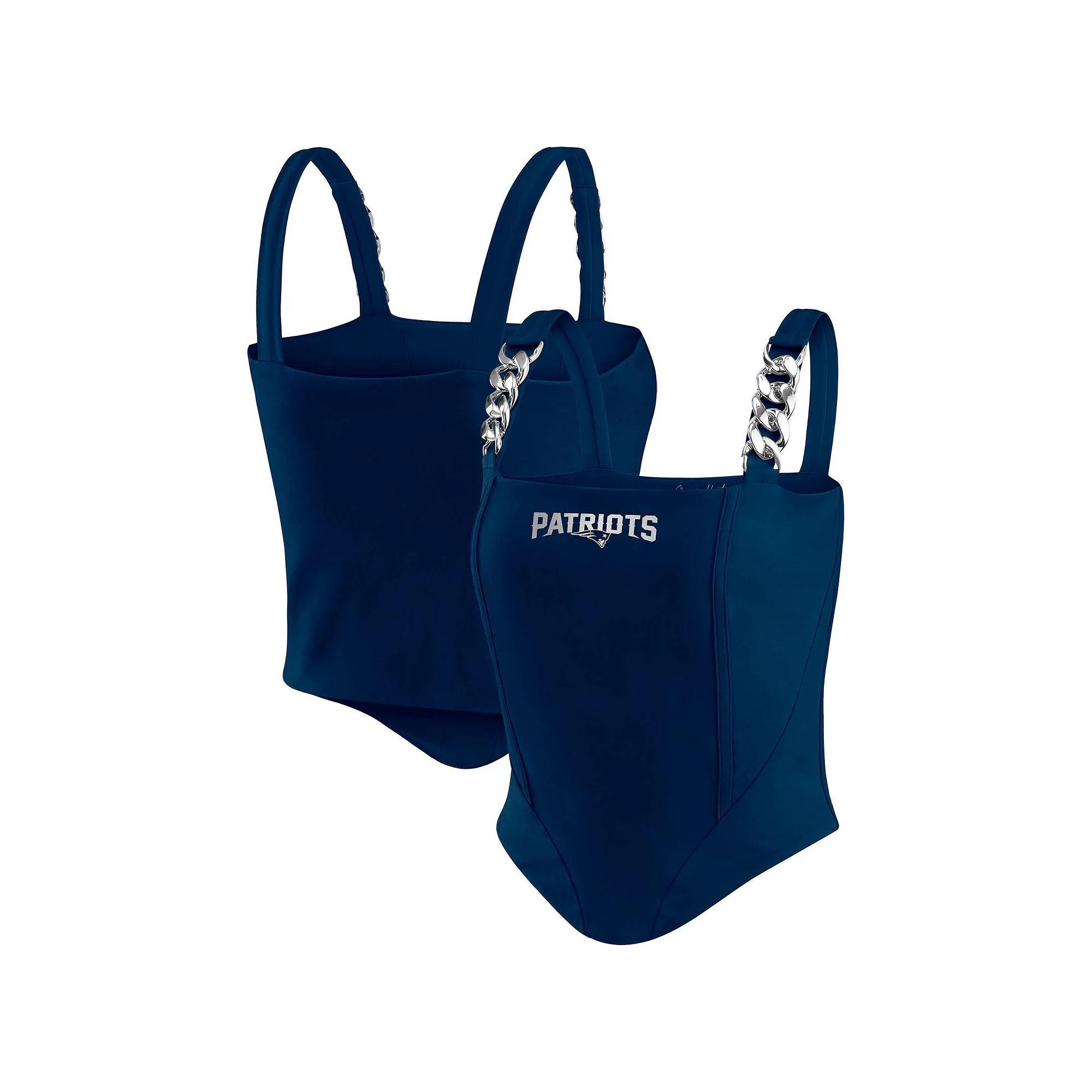 Women's WEAR by Erin Andrews x Gracie Hunt Navy New England Patriots Chain Link Corset Top, Size: Small, Blue Product Image