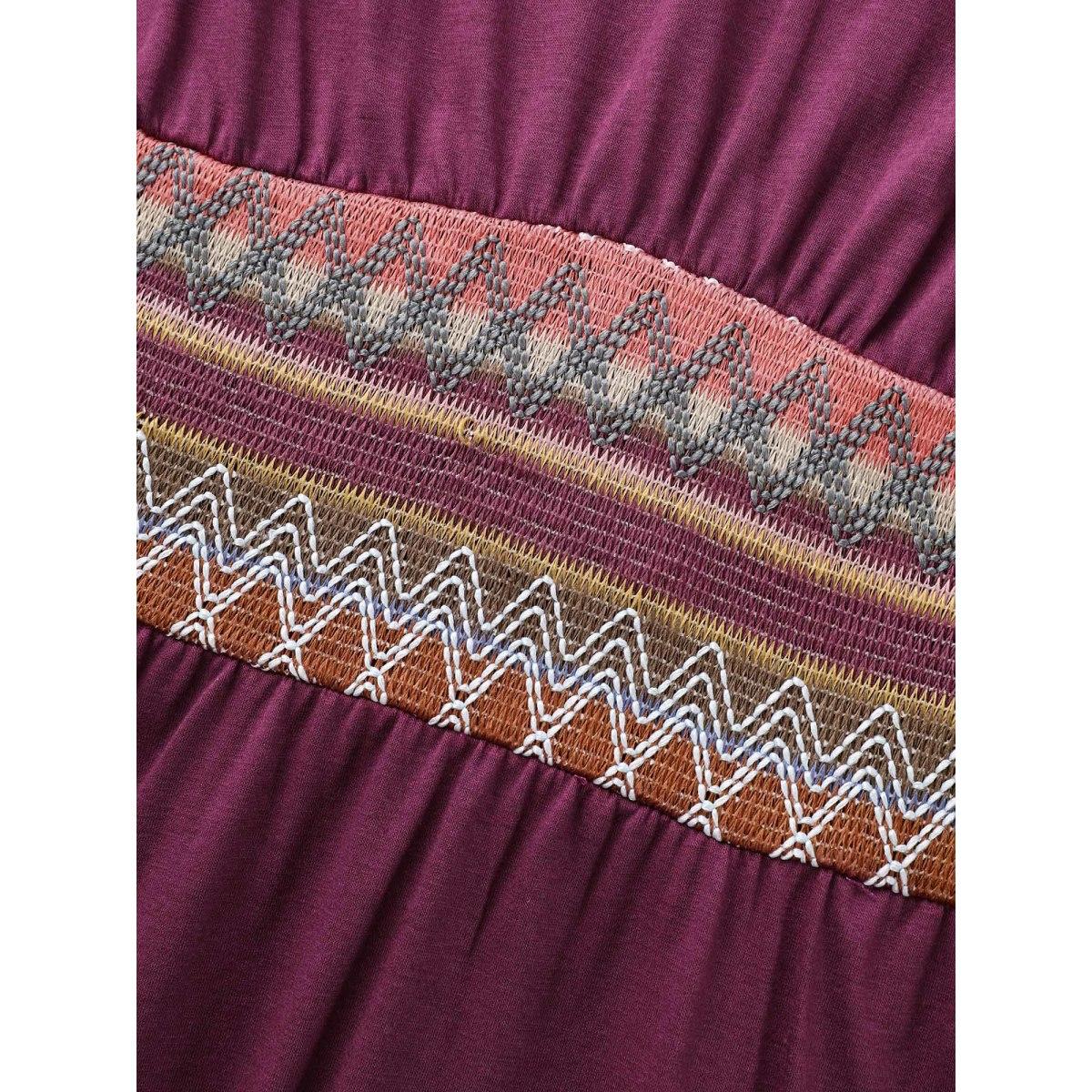 Plus Size V Neck Contrast Webbing Midi Dress RedViolet Women Resort Woven ribbon&lace trim V-neck Long Sleeve Curvy BloomChic 28/5X Product Image