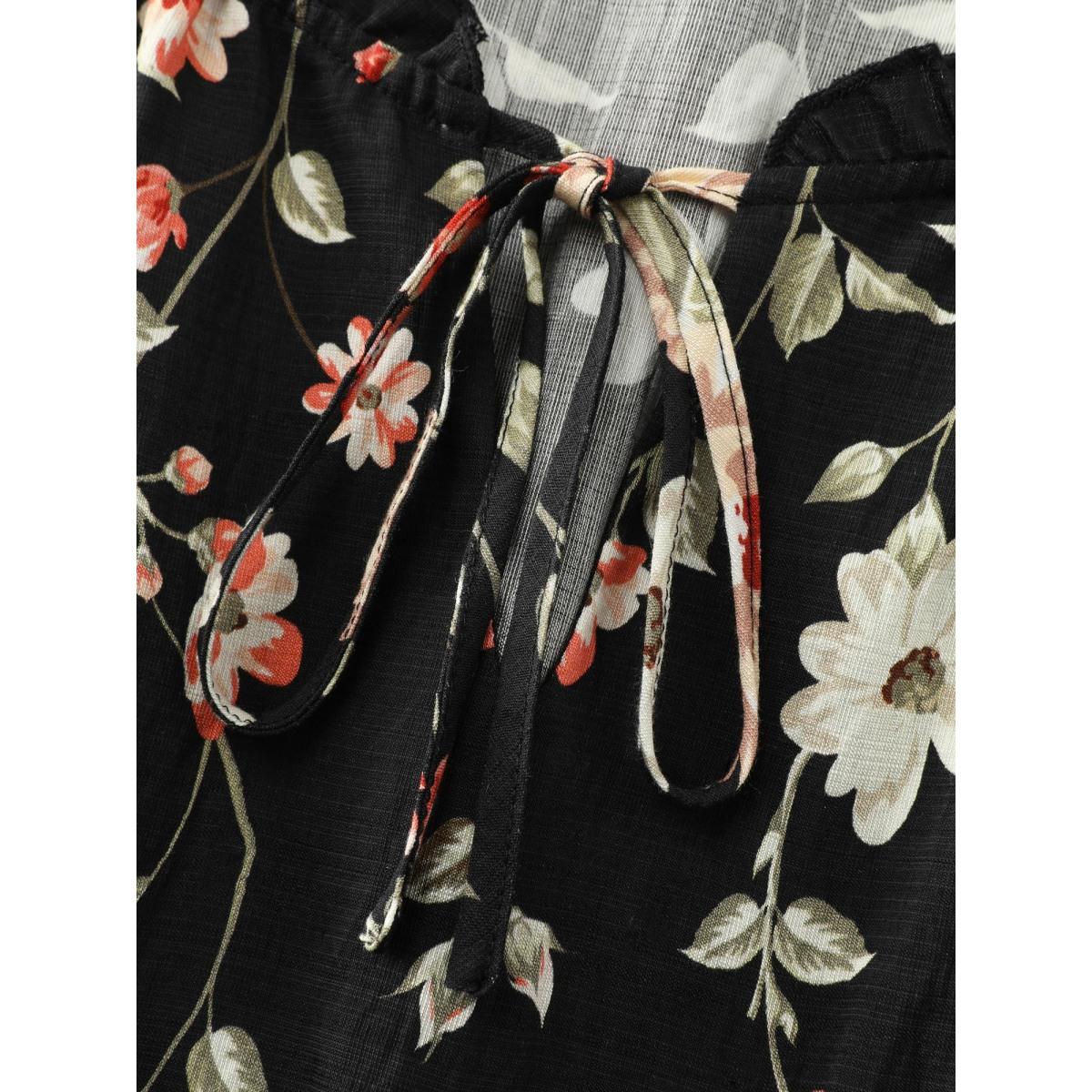 Plus Size Floral Shirred Waist Neck-Tie Midi Dress Black Women Timeless Gathered Flat collar with V-notch Extra Long Sleeve Curvy BloomChic 30/6X Product Image