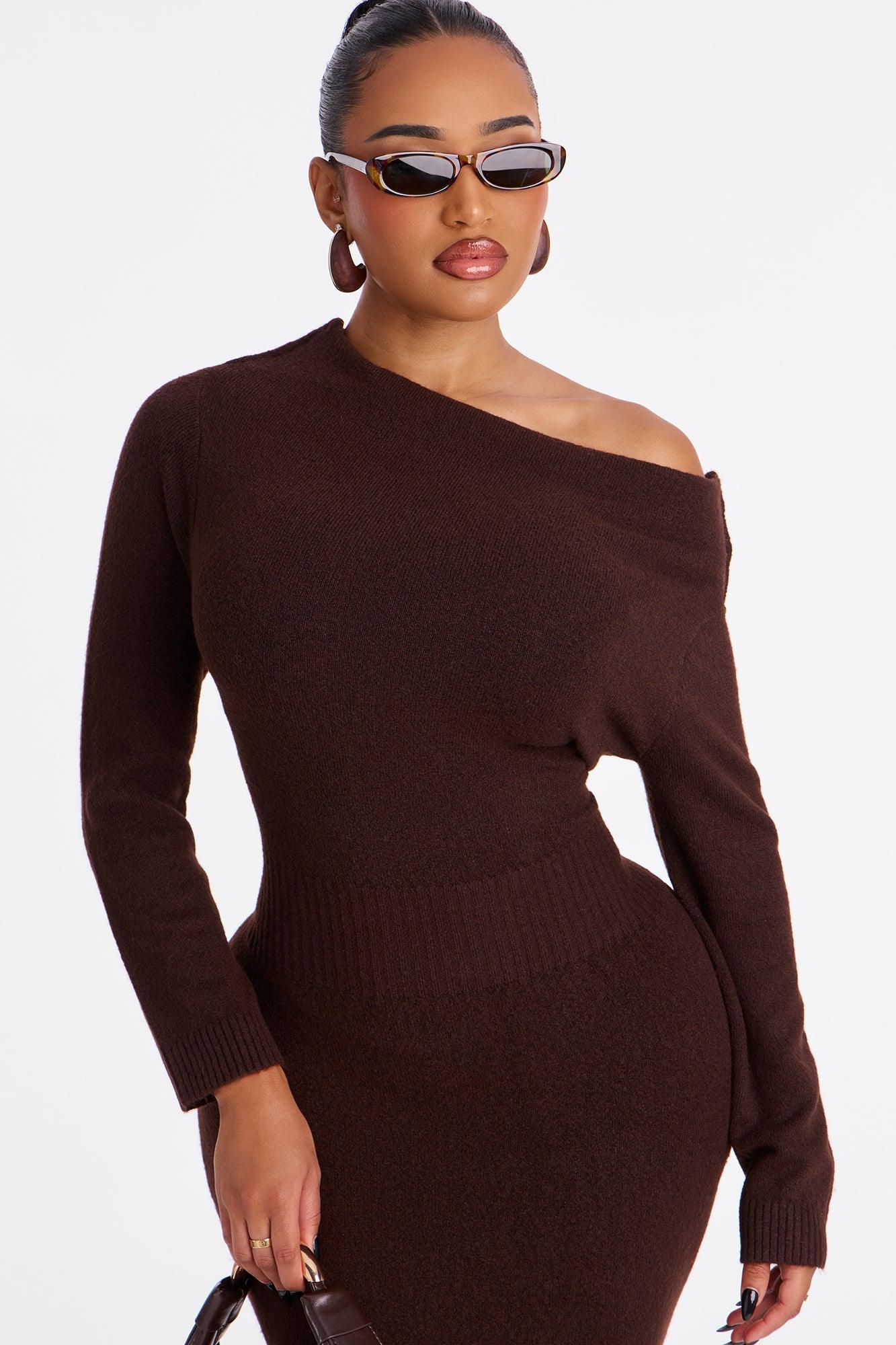 Stevie One Shoulder Sweater Midi Dress - Chocolate Female Product Image