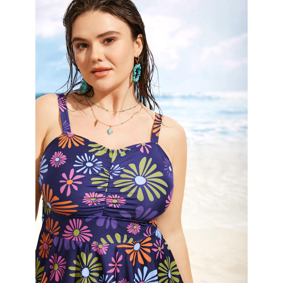 Plus Size Floral Heart Neckline Ruched Swim Dress Women's Swimwear Indigo Beach Bodycon Heart neckline High stretch Curve Swim Dresses BloomChic 30/6X Product Image