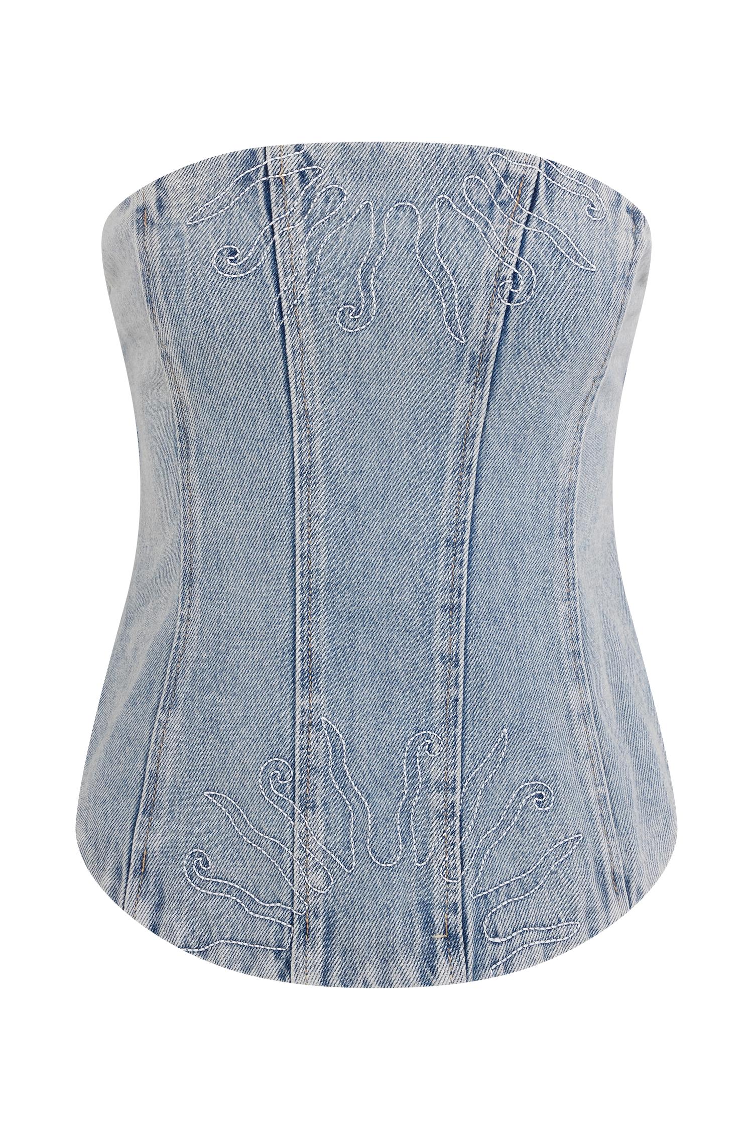 Alessia Embroidered Denim Corset - Light Vintage Product Image