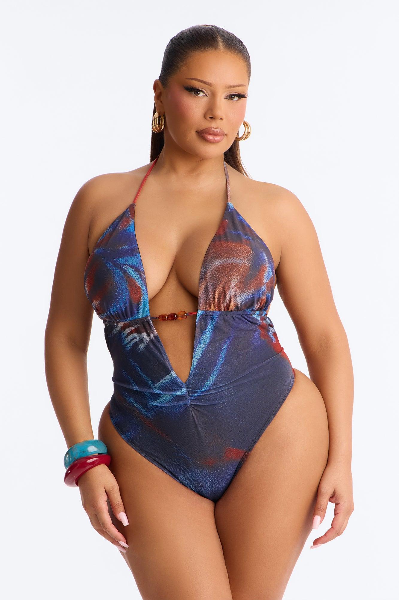Olandria Mesh Beaded Halter Bodysuit - Navy/combo Female Product Image