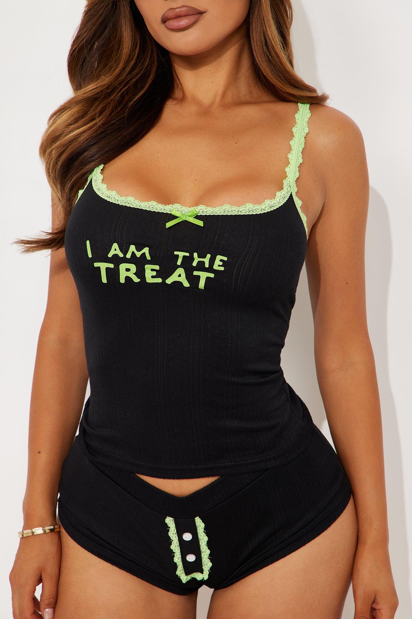 I Am The Treat Halloween 2 Piece Pointelle Cami And Panty Set - Black/Green Female Product Image