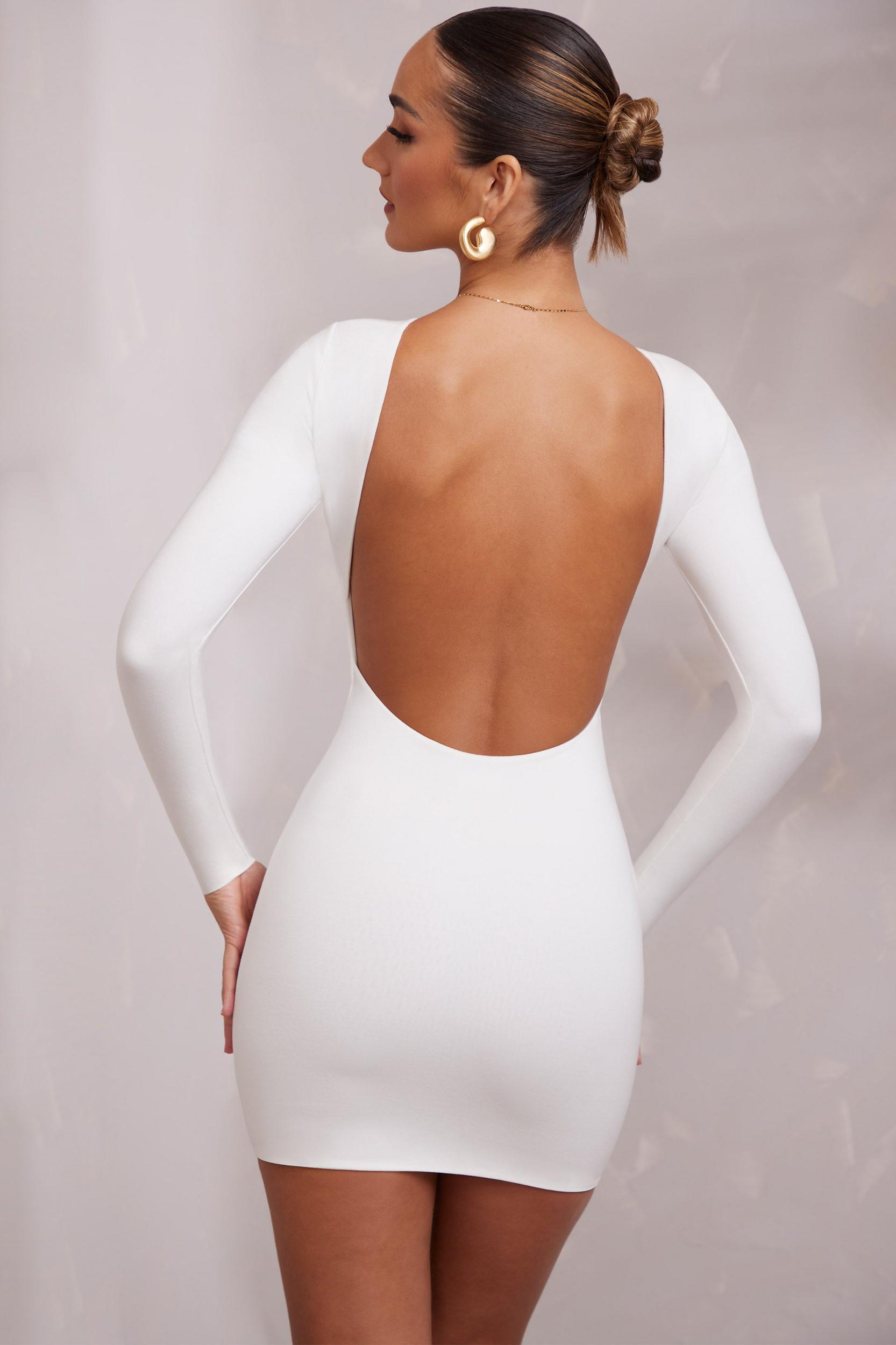 Long Sleeve Backless Mini Dress in White Product Image