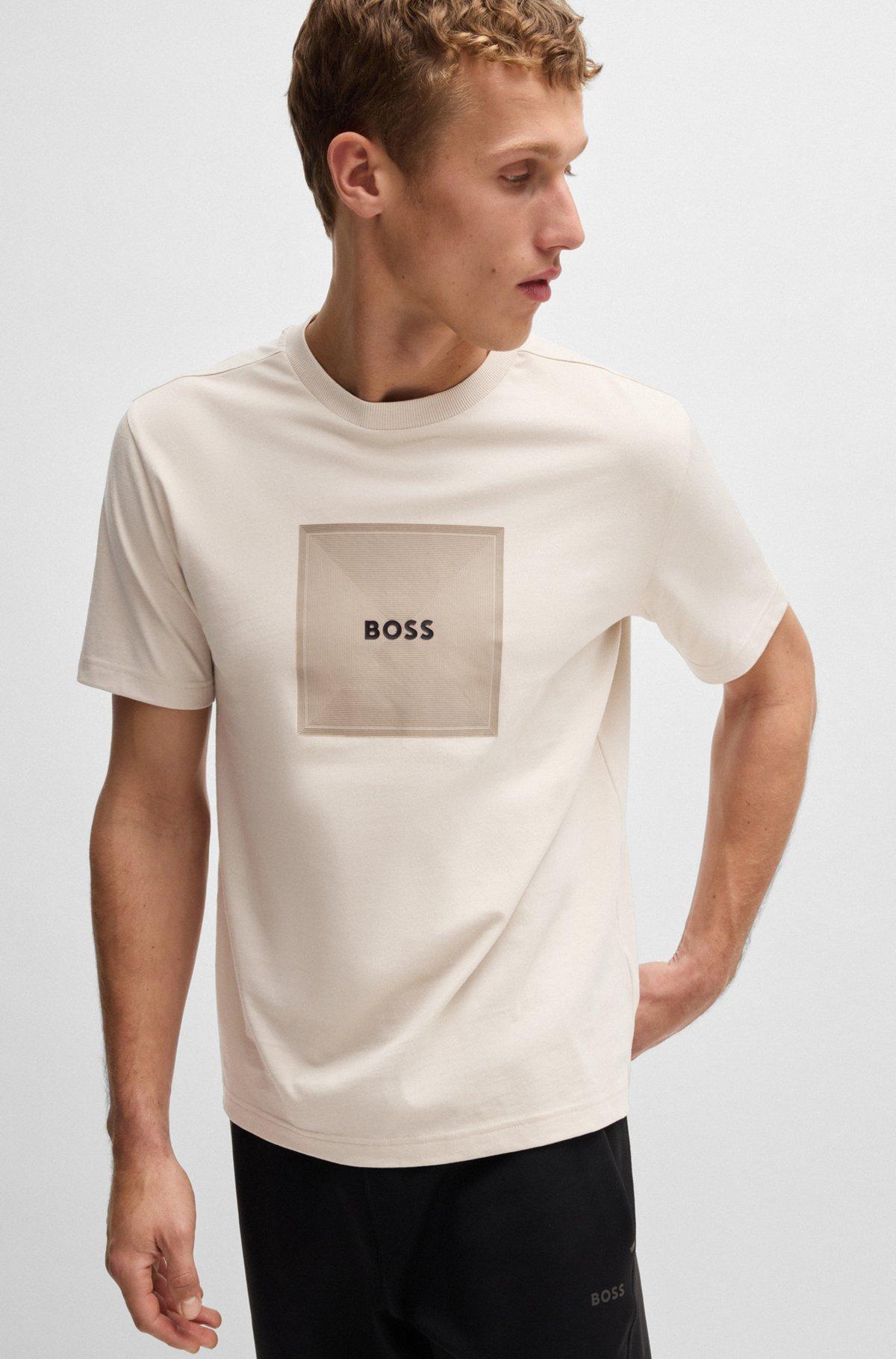 BOSS - Cotton-jersey T-shirt with fineline logo artwork - Black Product Image