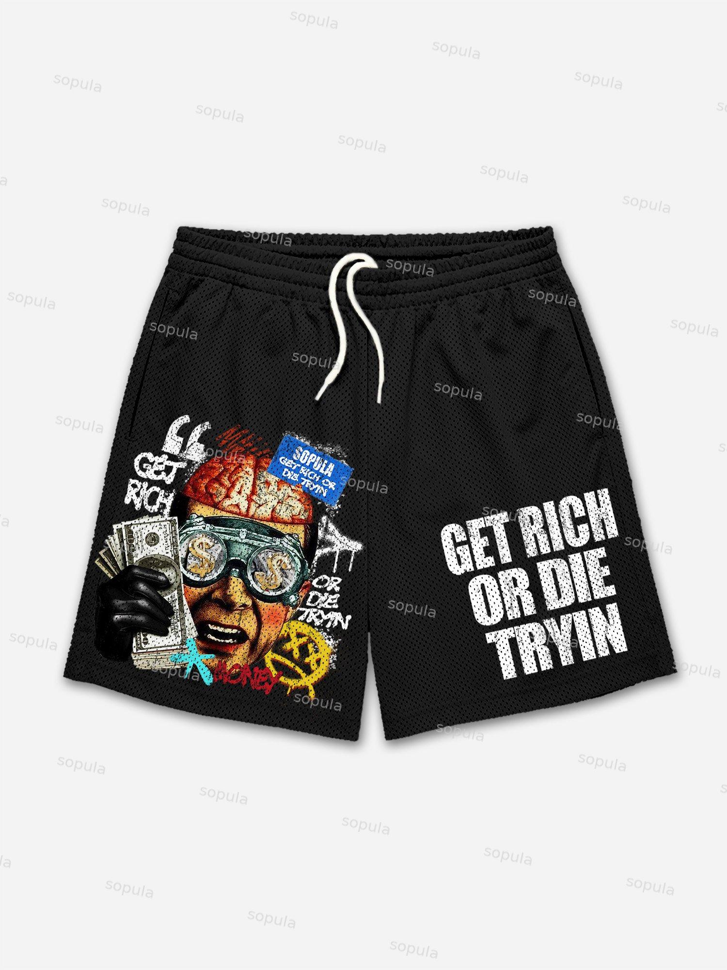 Vintage Get Rich Money Portrait Print Mesh Shorts Product Image