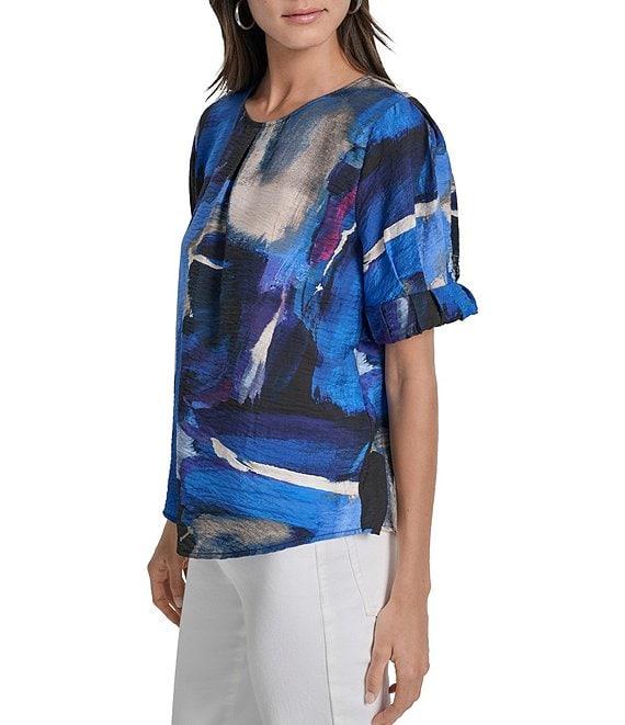 DKNY by Donna Karan Brush Stroke Print Crew Neck Rolled Puff Sleeve Blouse Product Image