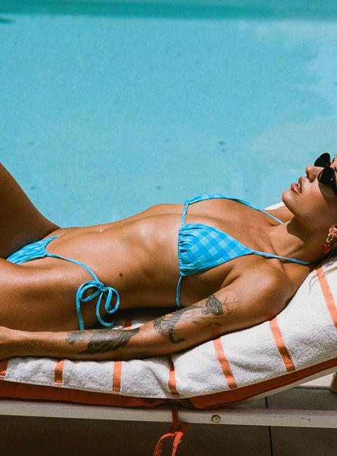 Jenner Tie Side Ruched Bikini Bottom Blue Check Product Image