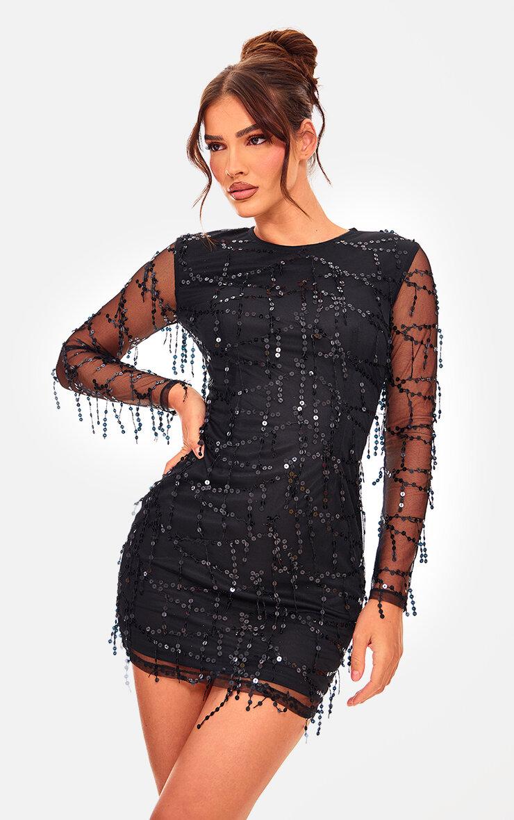 Black Sequin Detail Long Sleeve Mini Dress Product Image