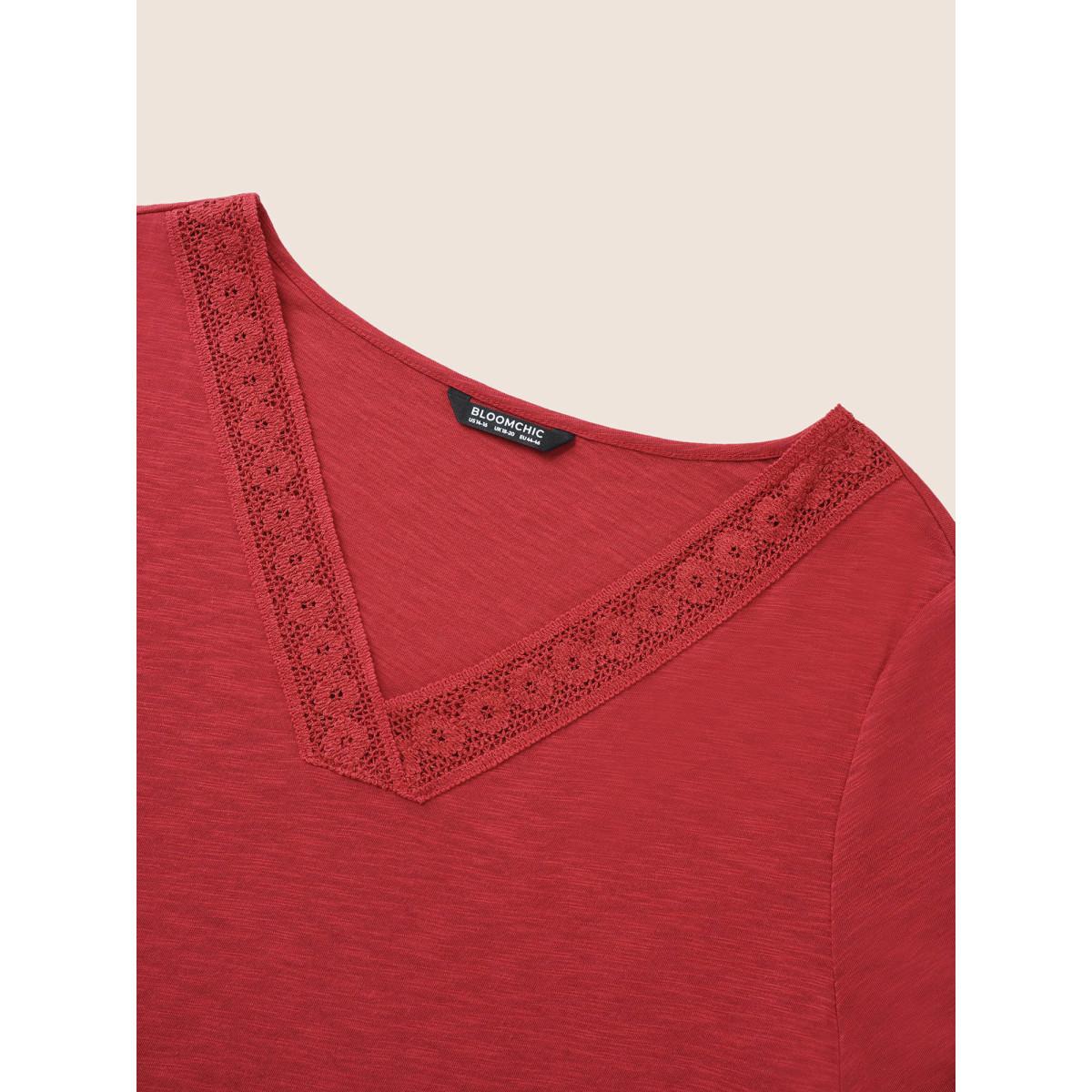 Plus Size Plain V Neck Lace Panel T-shirt Red Women Elegant Non Plain V-neck Everyday T-shirts BloomChic 10/M Product Image