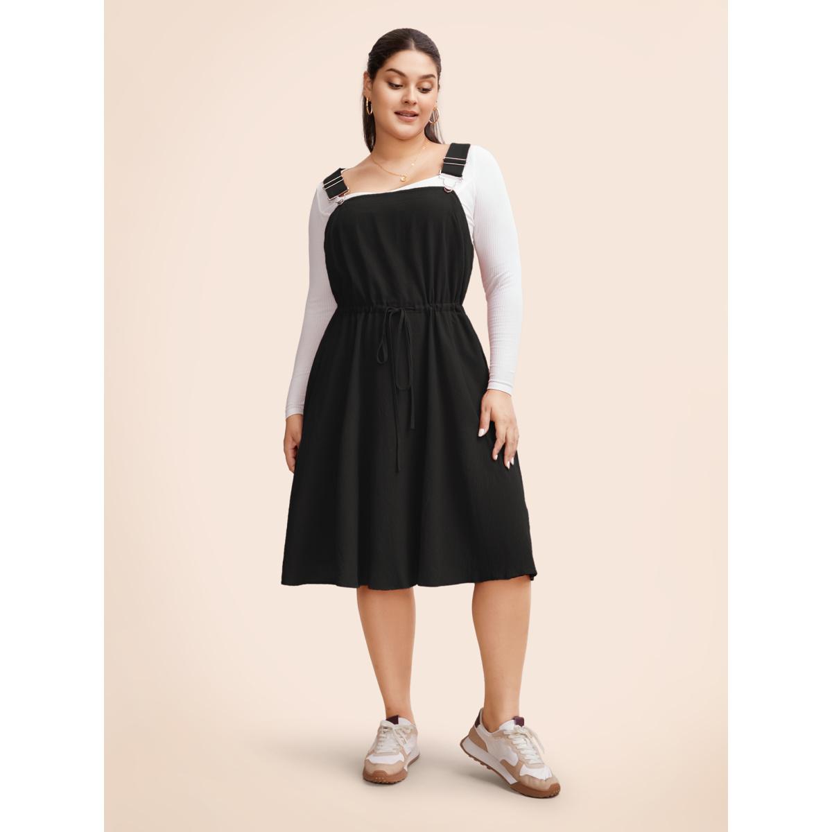 Plus Size Plain Drawstring Pocket Metal Detail Suspender Skirt Black Women Casual Adjustable Straps Spaghetti Strap Sleeveless Curvy Midi Dress BloomChic 22-24/3X Product Image
