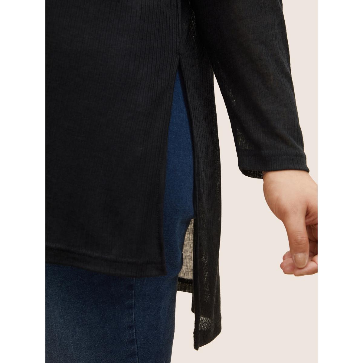 Plus Size Plain Mesh Split Side Long Sleeve T-shirt Black Women Casual Slit Round Neck Everyday T-shirts BloomChic 14-16/1X Product Image