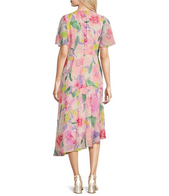 Maggy London Floral Print Short Flutter Sleeve Asymmetrical Hem Dress Product Image