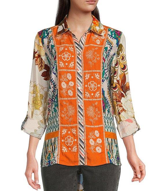 John Mark Point Collar Button Front Long Roll-Tab Sleeve Embroidered Panel Multi Print Tunic Product Image