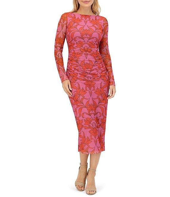 Vince Camuto Mesh Floral Boat Neck Long Sleeve Bodycon Midi Dress Product Image