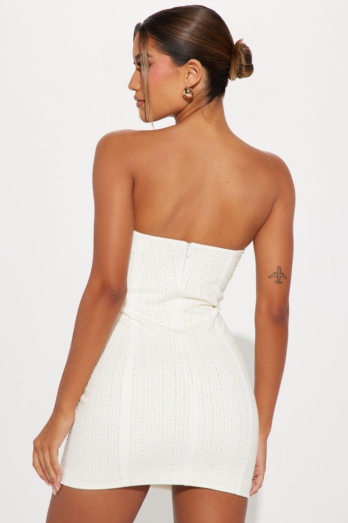 Pearl Embellished Mini Dress - Cream Product Image