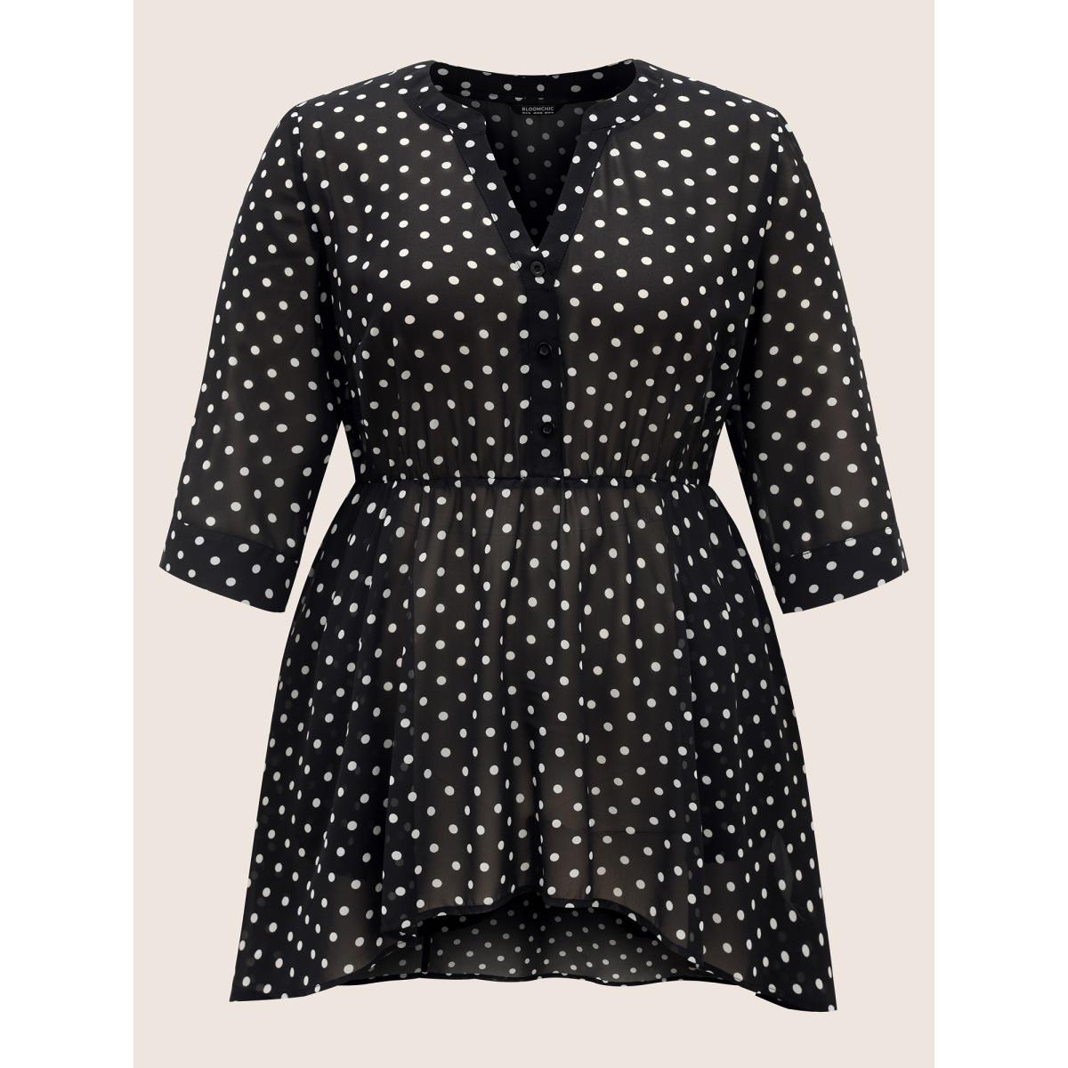 Plus Size Black Chiffon Polka Dot Button Detail Blouse Women Elegant Elbow-length sleeve Flat collar with V-notch Everyday Blouses BloomChic 10/M Product Image