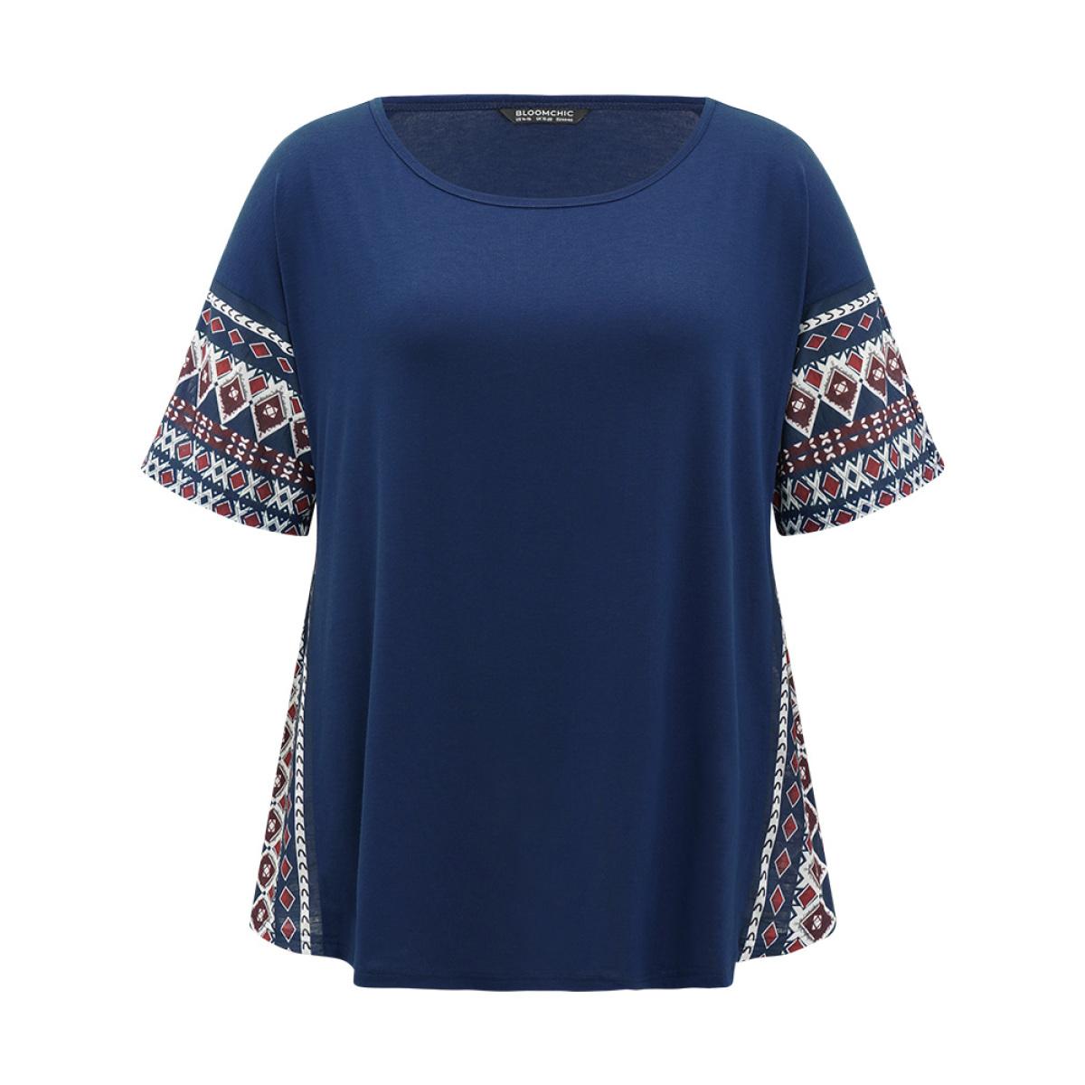 Plus Size Bandana Print Patchwork Crew Neck T-shirt Indigo Women Casual Patchwork Bohemian Print Round Neck Dailywear T-shirts BloomChic 12/L Product Image