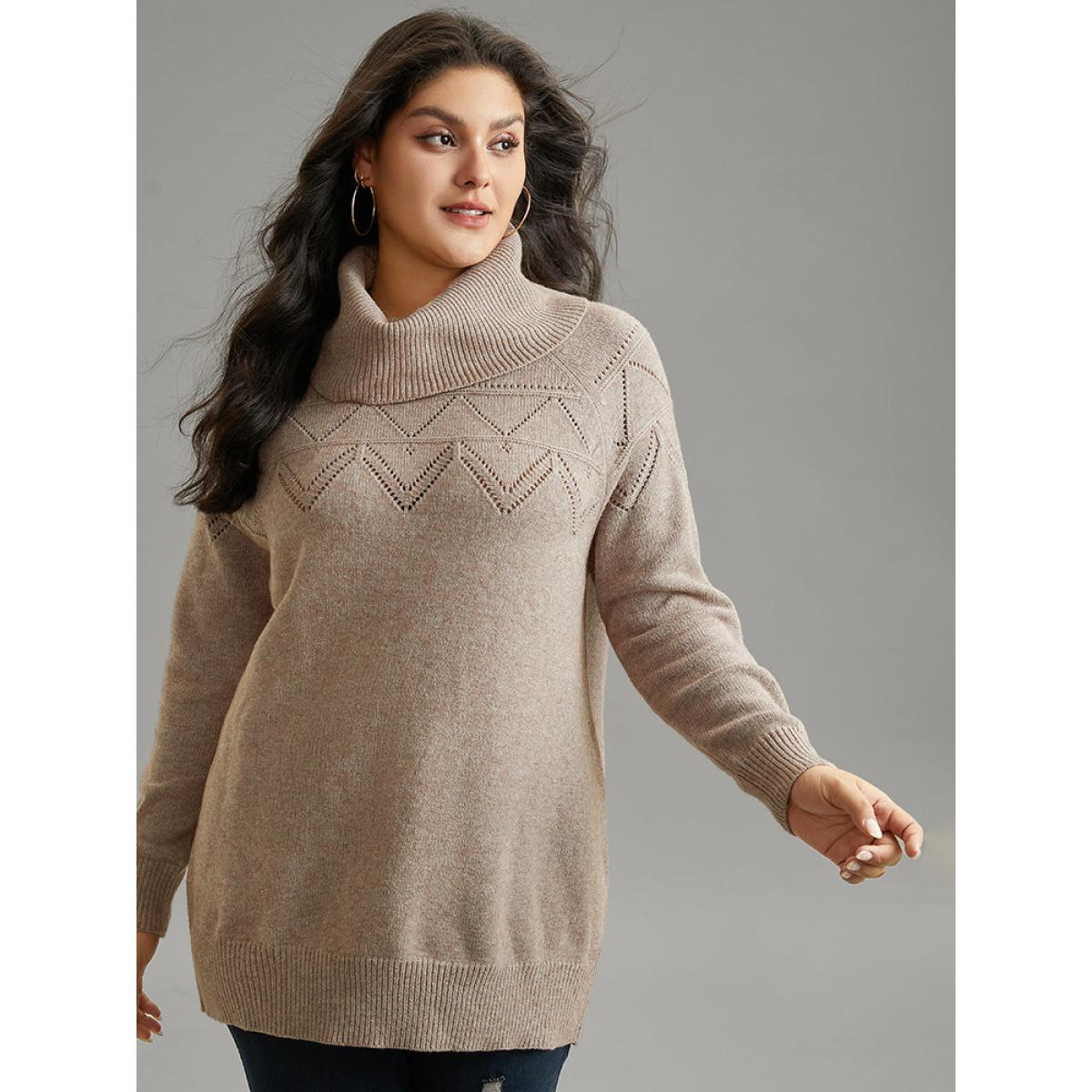 Plus Size Supersoft Essentials Anti-Pilling Turtle Neck Eyelet Pullover LightBrown Women Casual Loose Long Sleeve Turtleneck Dailywear Pullovers BloomChic 12/L Product Image