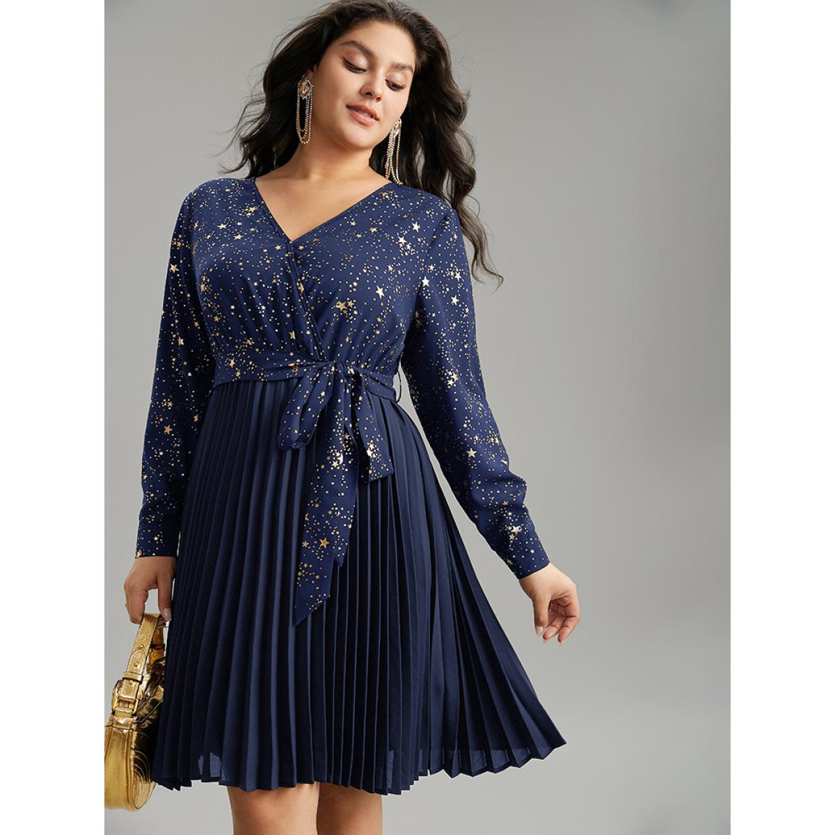 Plus Size Star Glitter Belted Pleated Wrap Dress DarkBlue Women Cocktail Belted V-neck Long Sleeve Curvy Midi Dress BloomChic 14-16/1X Product Image
